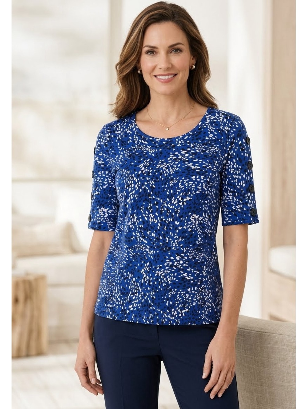 NWT Chico’s Elbow Length Button Detail Sleeve Cotton Tee Size M Modern Classic